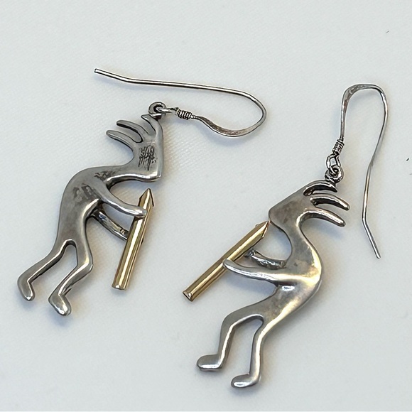 Vintage 925 Sterling Silver Gold Kokopelli Dangle Earrings - Picture 5 of 9